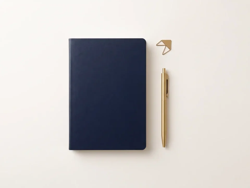 Inquadratura zenitale su una superficie beige calda con un taccuino blu navy chiuso, una penna in ottone lucido e un piccolo accento dorato.