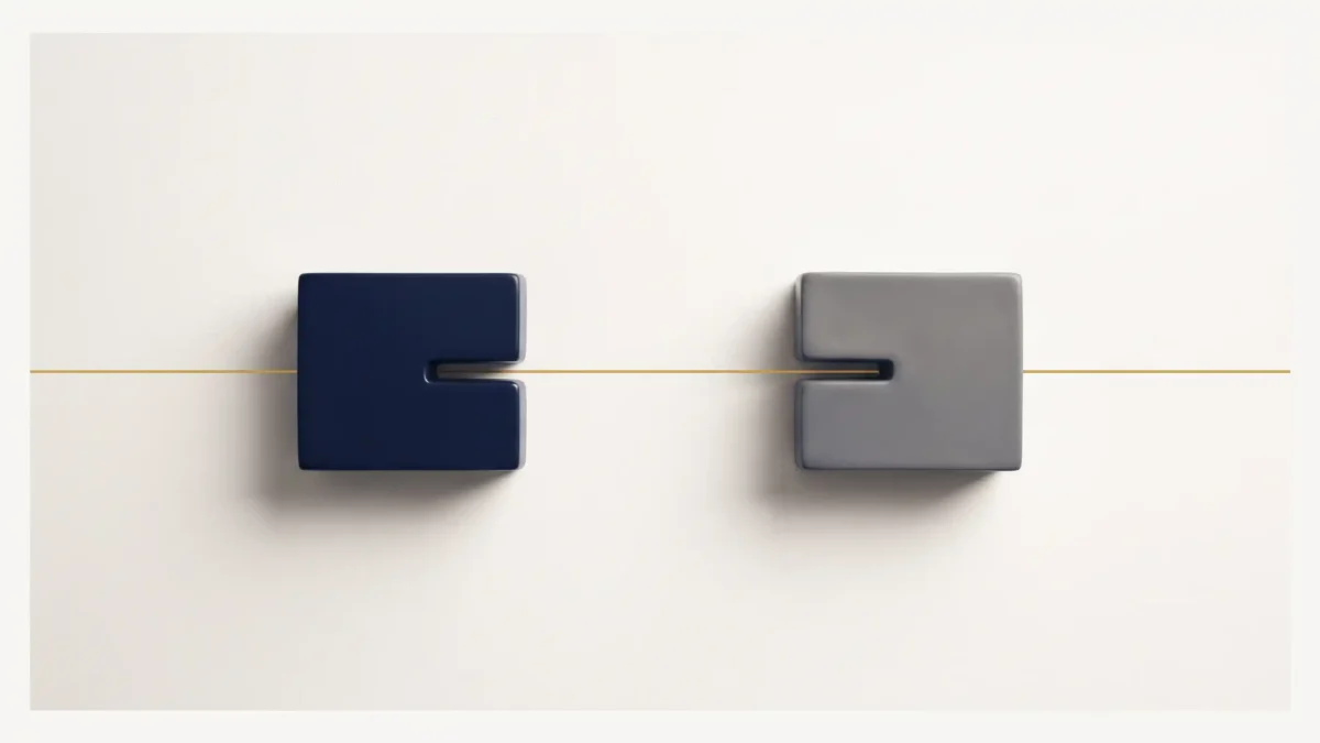 Due blocchi geometrici distinti, uno blu scuro e uno grigio, posizionati su uno sfondo chiaro e attraversati da una sottile linea metallica dorata.