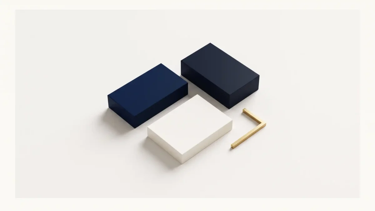 Composizione geometrica dall’alto su superficie bianca calda con tre blocchi rettangolari lisci nei toni del blu navy, blu scuro e bianco caldo, affiancati da un elemento angolare minimalista in ottone dorato opaco, senza scritte né loghi.