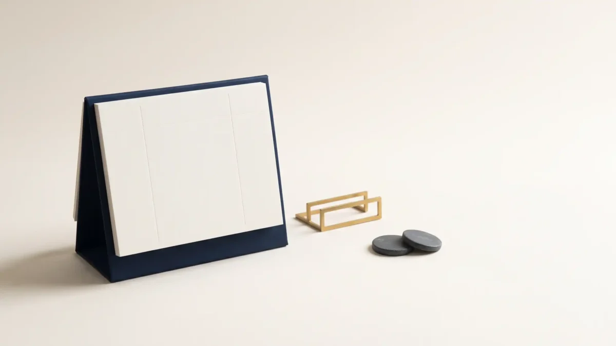 Composizione concettuale su superficie chiara con un supporto da tavolo blu scuro contenente una scheda con griglia astratta senza numeri né testo, affiancato da un piccolo fermacarte geometrico dorato e due pietre lisce color carbone.