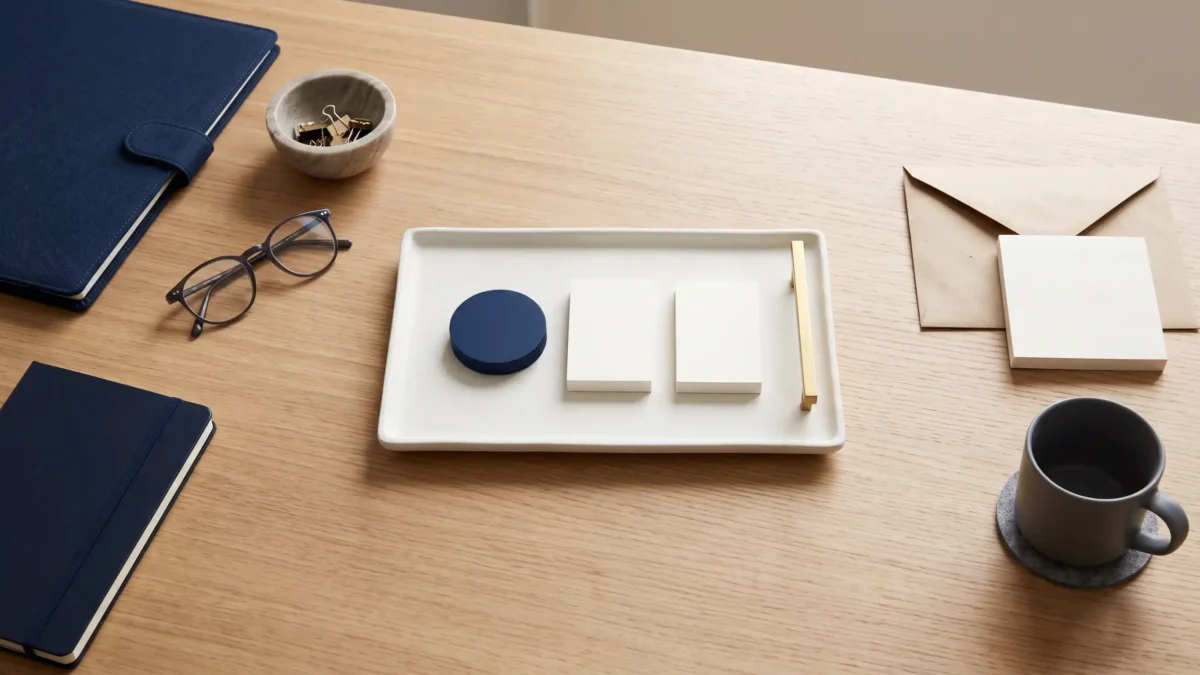 Inquadratura dall’alto di una scrivania in legno chiaro con una cartella e un taccuino blu, occhiali, una ciotolina con fermagli, una busta e un blocco di carta, una tazza scura e, al centro, un vassoio bianco con un elemento circolare blu e due rettangolari bianchi affiancati da un dettaglio dorato, senza testo né loghi.