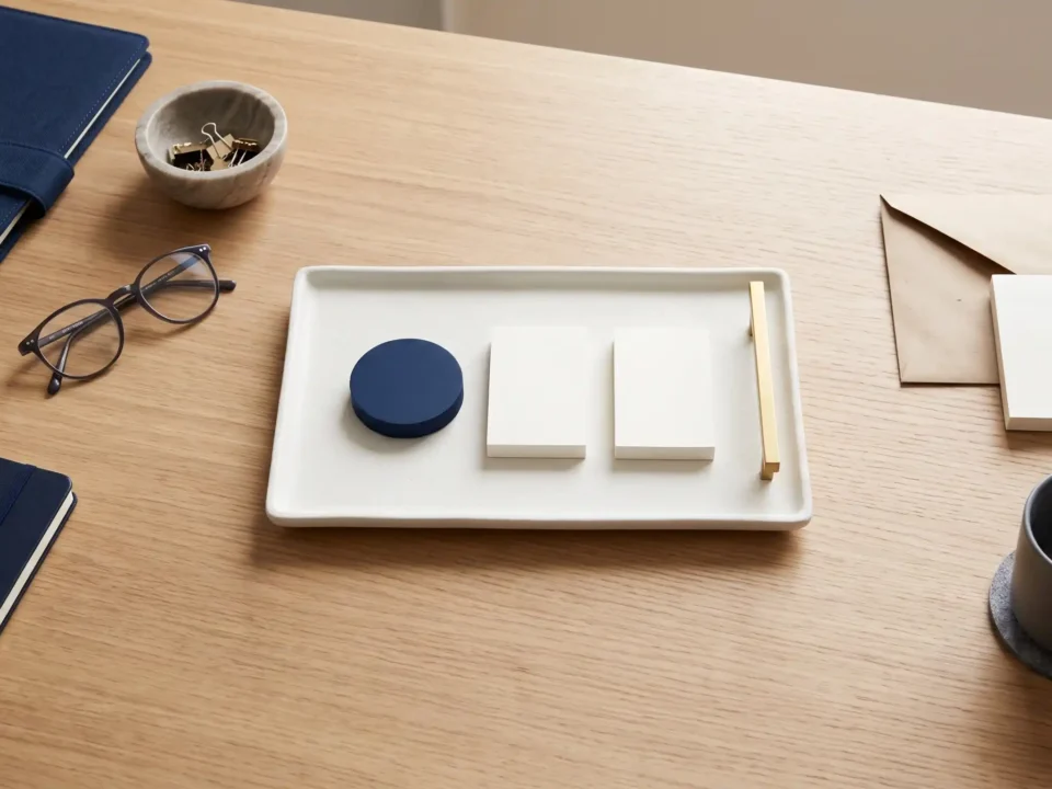 Inquadratura dall’alto di una scrivania in legno chiaro con una cartella e un taccuino blu, occhiali, una ciotolina con fermagli, una busta e un blocco di carta, una tazza scura e, al centro, un vassoio bianco con un elemento circolare blu e due rettangolari bianchi affiancati da un dettaglio dorato, senza testo né loghi.